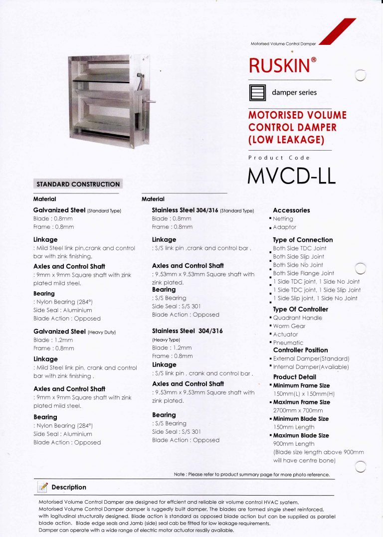 Motorised Volume Control Damper (Low Leakage) Ruskin (M) Sdn Bhd